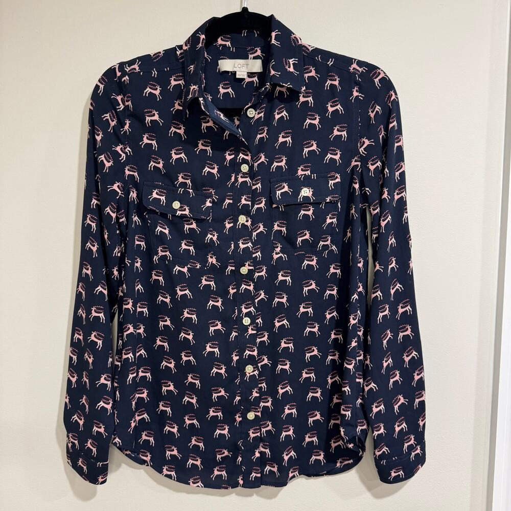 Ann Taylor LOFT Womens Reindeer Button Up Blouse Shirt Size XXS Navy Pink L/S